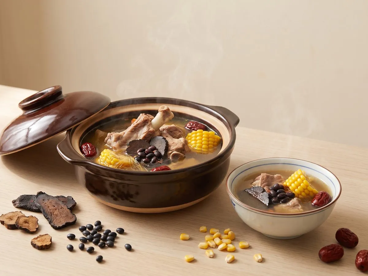 Raw rehmannia, black bean and corn soup with pork bones