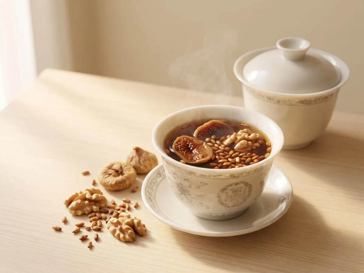 Roasted rice tea with dried fig and walnut