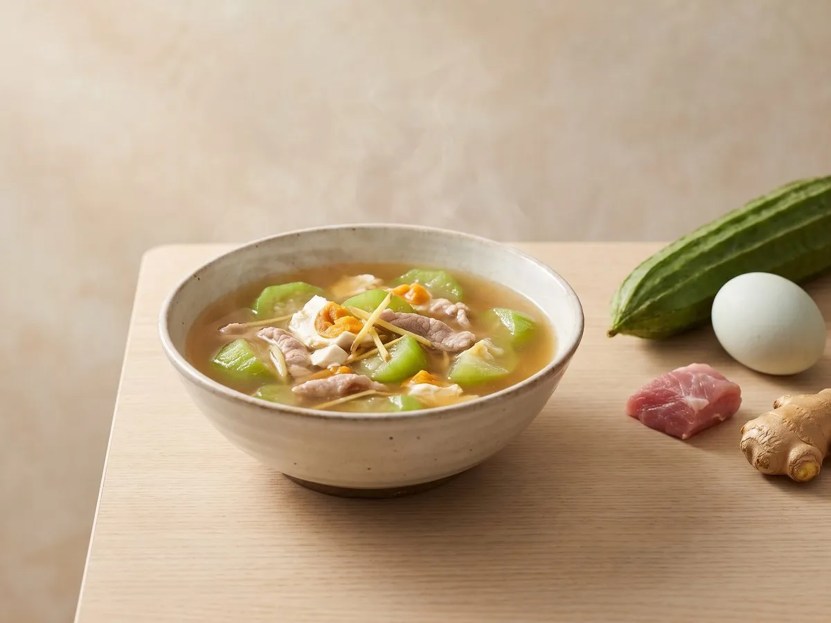 Salted egg, loofah and pork slice soup