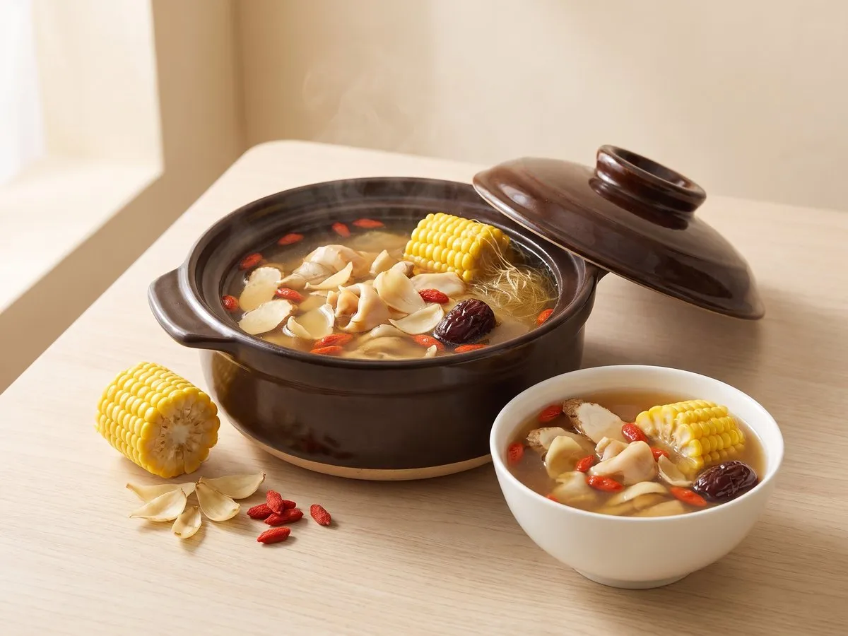 Sea whelk, lily bulb and corn soup