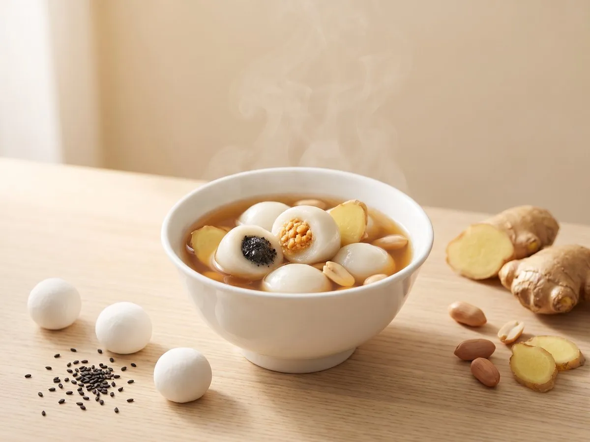 Sesame and peanut glutinous rice balls in ginger syrup