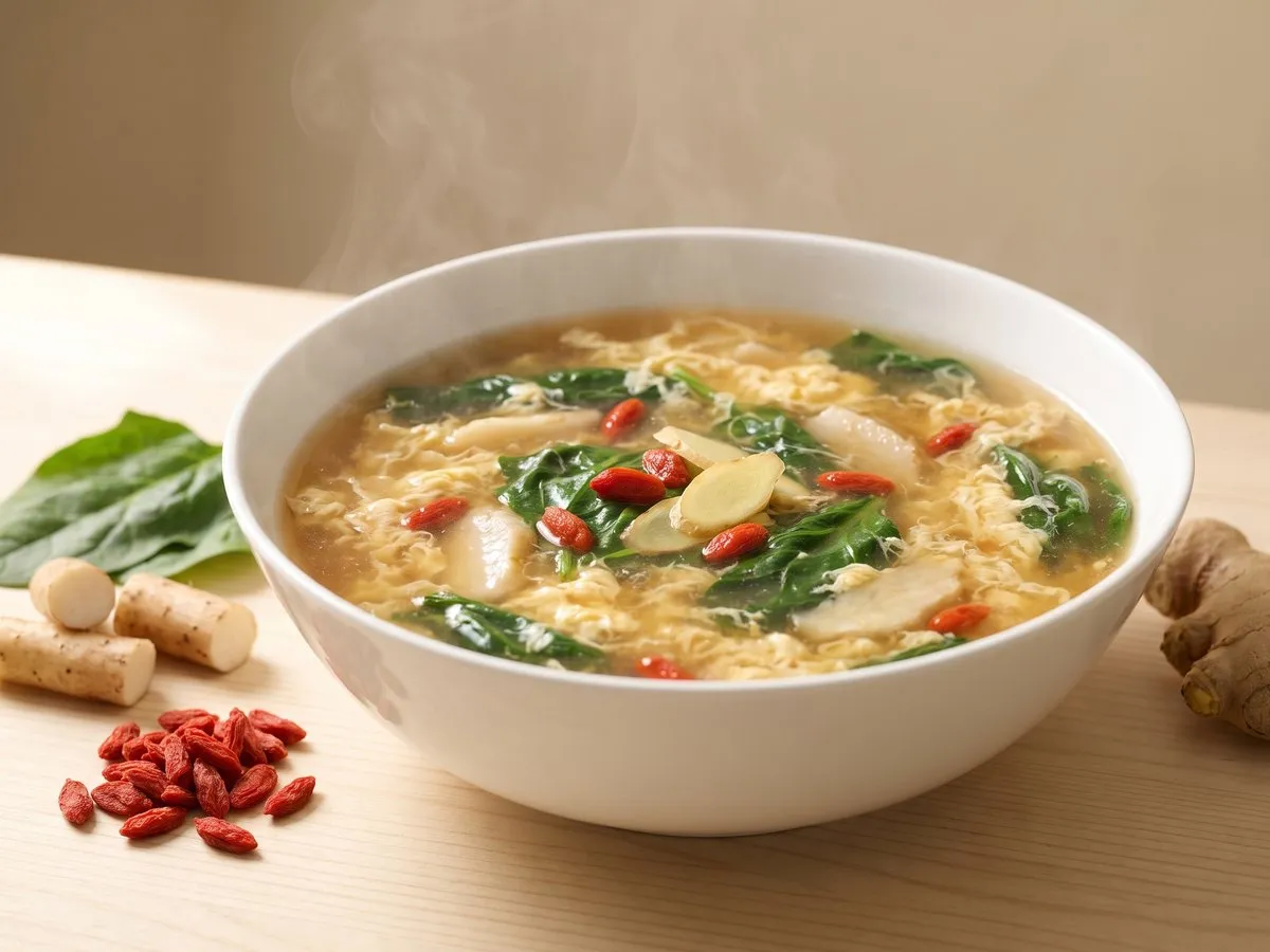 Spinach, fresh yam and goji egg-drop soup