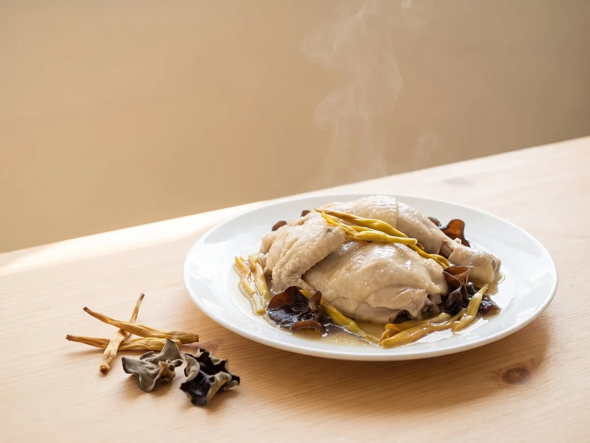 Steamed chicken with dried lily buds and wood ear fungus