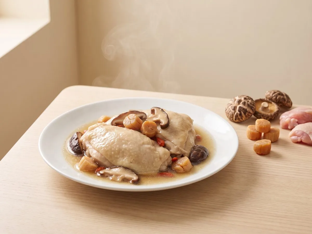 Steamed chicken with shiitake and dried scallop