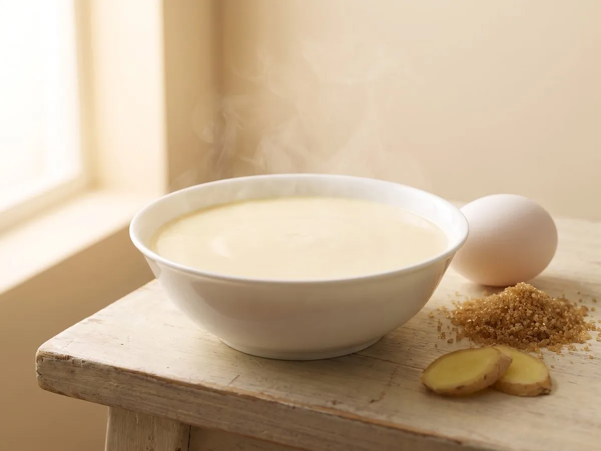 Steamed egg custard; eggs boiled in ginger and brown-sugar water (紅糖薑水煮蛋); ginger-vinegar eggs (薑醋蛋)