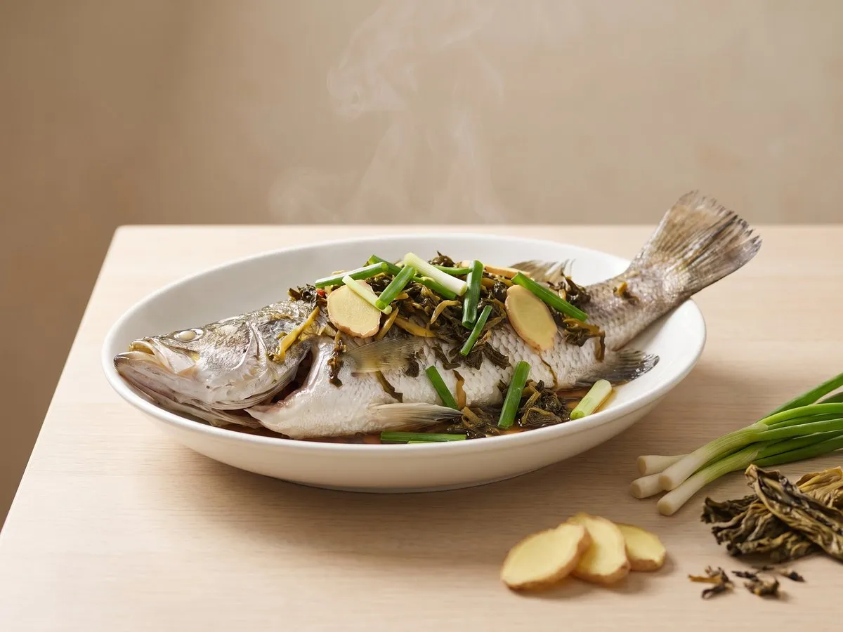 Steamed whole fish; steamed barramundi or sea bass with preserved mustard greens (梅菜清蒸鱸魚 / 蒸石斑)