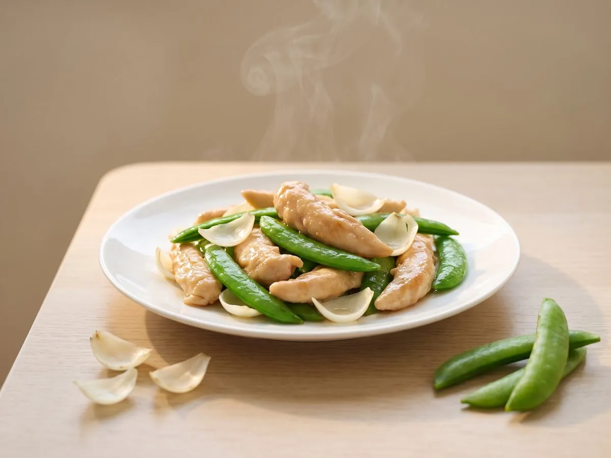 Stir-fried chicken strips with sugar snap peas and fresh lily bulb