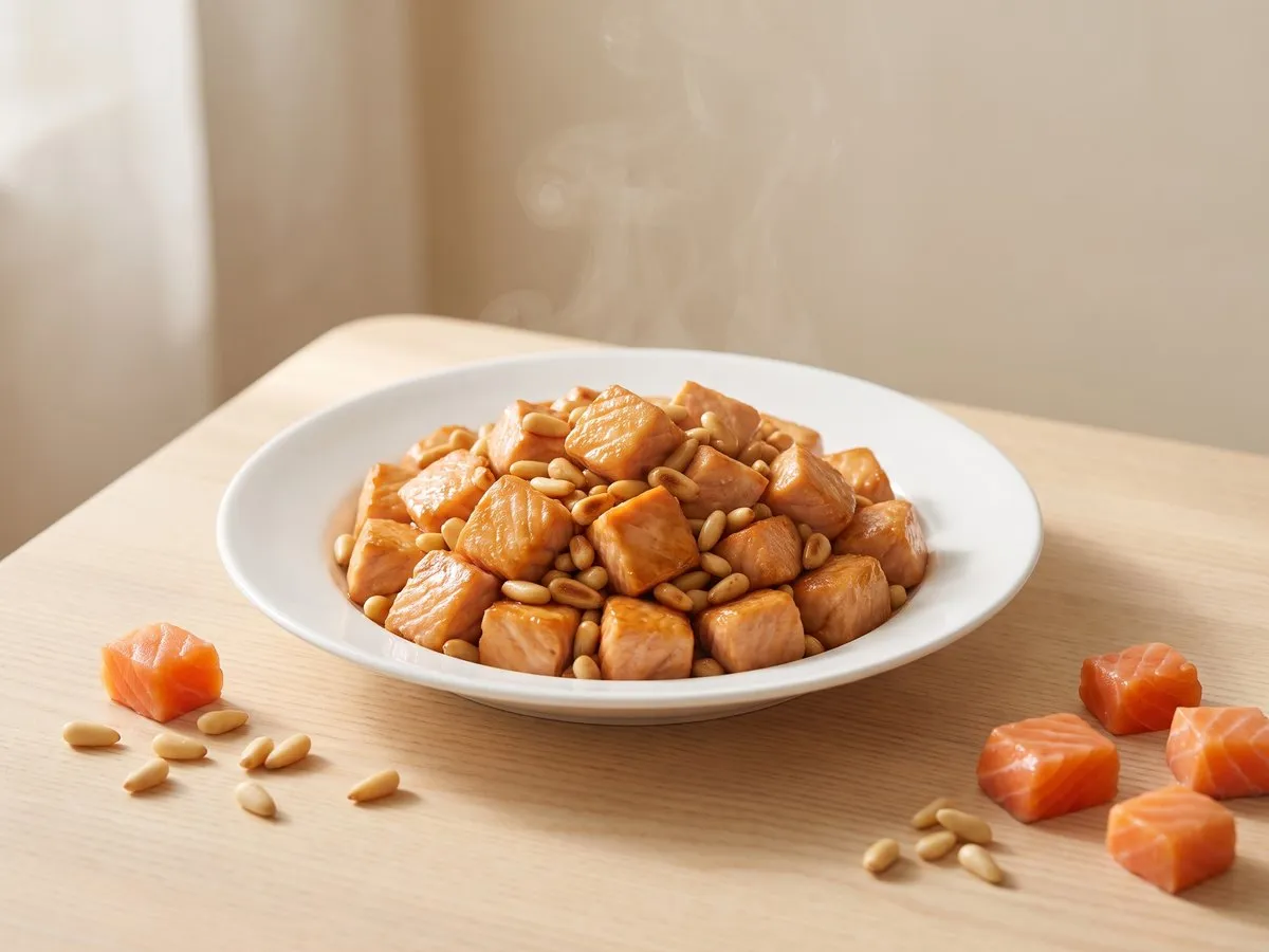 Stir-fried diced salmon with pine nuts
