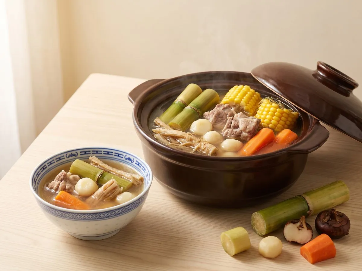 Sugar cane, imperata (cogon grass) root, water chestnut and carrot soup