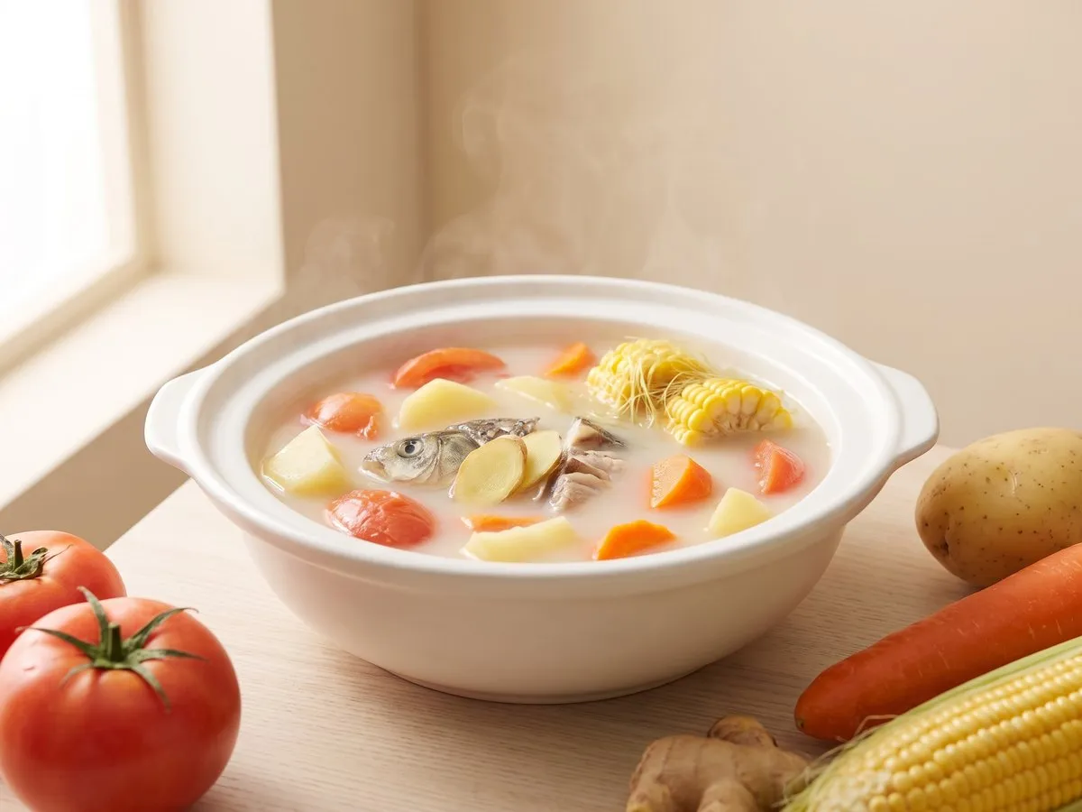 Tomato, potato and carrot fish soup (or with lean pork)