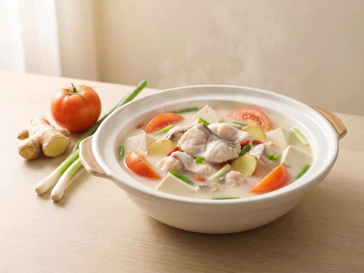 Tomato, tofu and fish belly soup (grass carp belly)