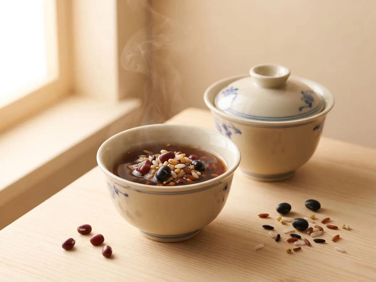 Two-bean roasted rice tea, and the four-colour version 四色炒米茶