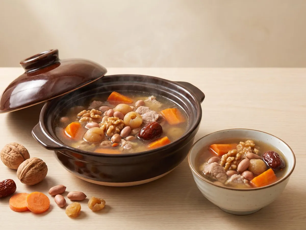 Walnut, peanut, longan and carrot soup with lean pork
