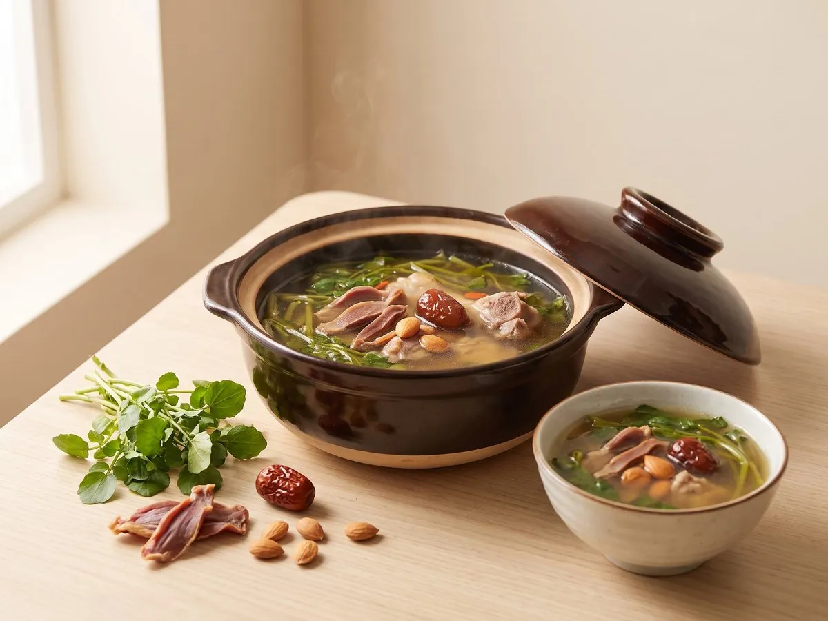 Watercress and dried duck gizzard soup with pork bones