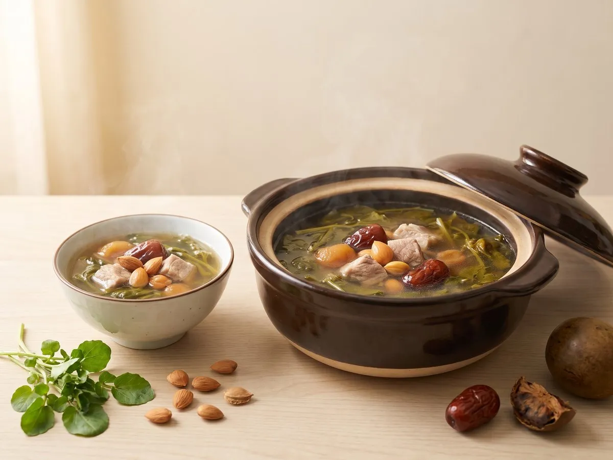 Watercress soup with apricot kernels, honey dates and lean pork