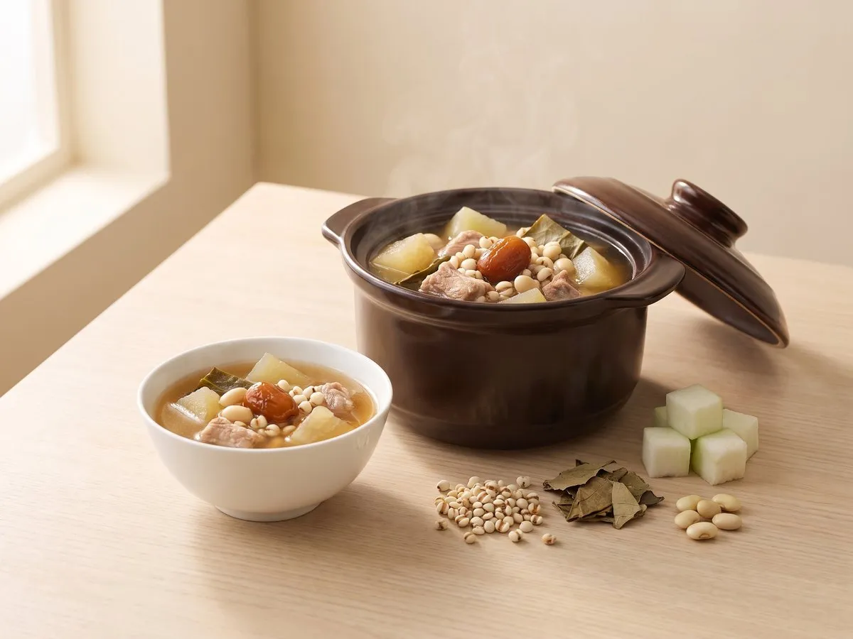 Winter melon, Job's tears and lotus leaf soup with pork ribs