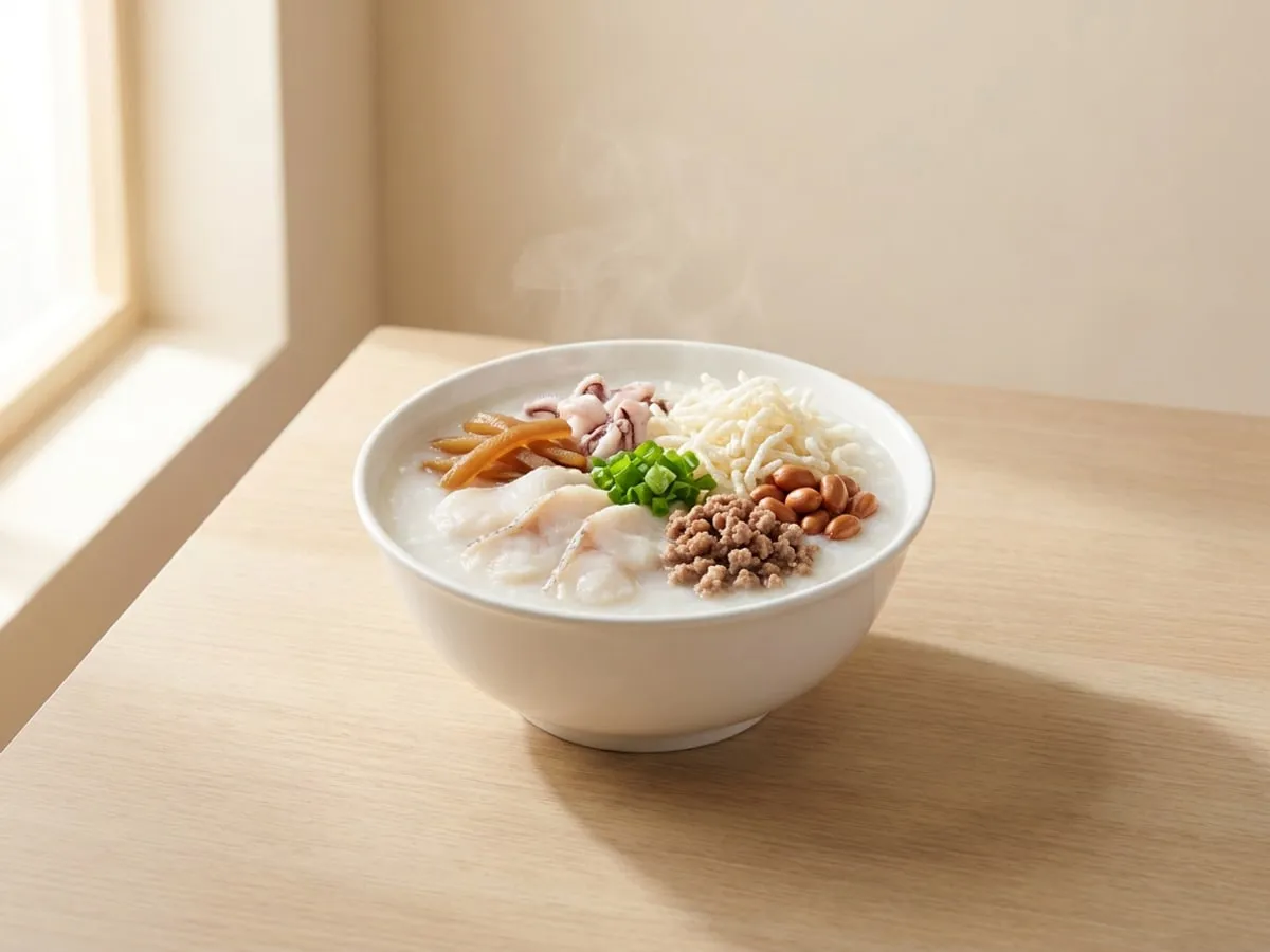 Boat congee, with everything in the bowl