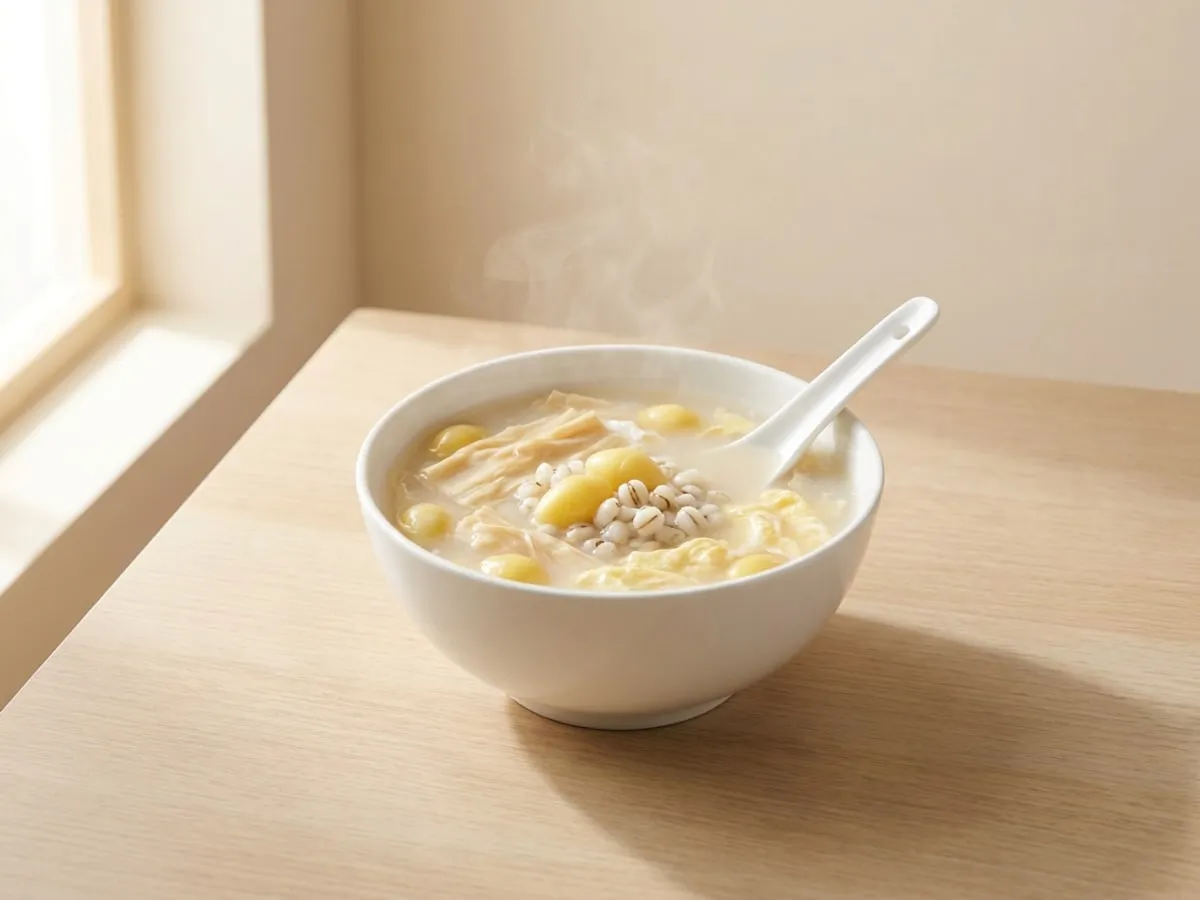 Bean curd stick, ginkgo and barley sweet soup
